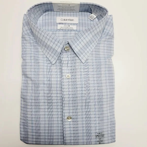 Calvin Klein STEEL+ Slim-Fit Non-Iron Stretch Blue Check Dress Shirt 17 32/33 XL - Picture 2 of 14